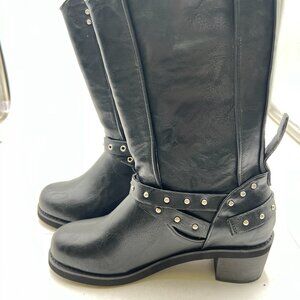 Knee High Boots Women Square Toe Pull On Boots Buckle Rivet Boots Black Boots